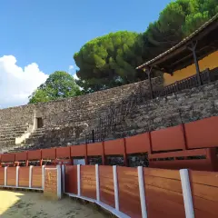 La plaza de toros cuadrada en España, con sus gradas de piedra y barreras de madera, espera la emoción bajo un cielo azul y nubes algodonosas.