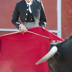 Torero con su traje de luces, listo para la faena. El outfit toros hombre, con chaquetilla negra y montera, se prepara para el encuentro.