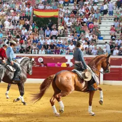 Dos jinetes, uno con chaquetilla roja y otro con azul, montan caballos en una plaza de toros. Bernardino Piriz, con sombrero, observa la escena.