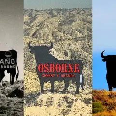 Siluetas de toros antiguos de Osborne, icónicos símbolos españoles, en diferentes paisajes.