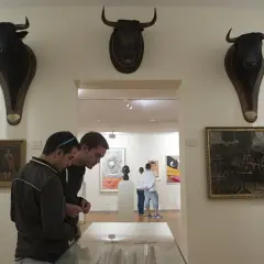 Dos jóvenes observan cabezas de toro disecadas en el museo taurino de Madrid.