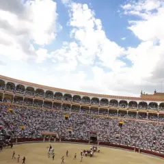 Gran multitud asiste a una corrida de toros. El sol brilla en el cielo azul con nubes blancas. ¡Una visita a la plaza de toros es una experiencia inolvidable!