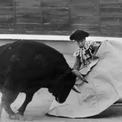Un torero se enfrenta a un toro negro en la arena. La imagen evoca la tragedia de cómo se llamaba el toro que mató al Yiyo.