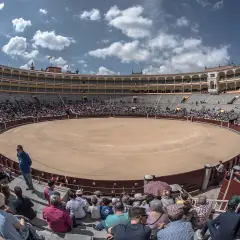 Espectadores en la plaza de toros, la plaza más grande de España, bajo un cielo azul con nubes.