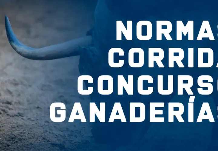 Normas para el concurso de corridas de toros. Un toro con un cuerno visible se alza sobre el texto.