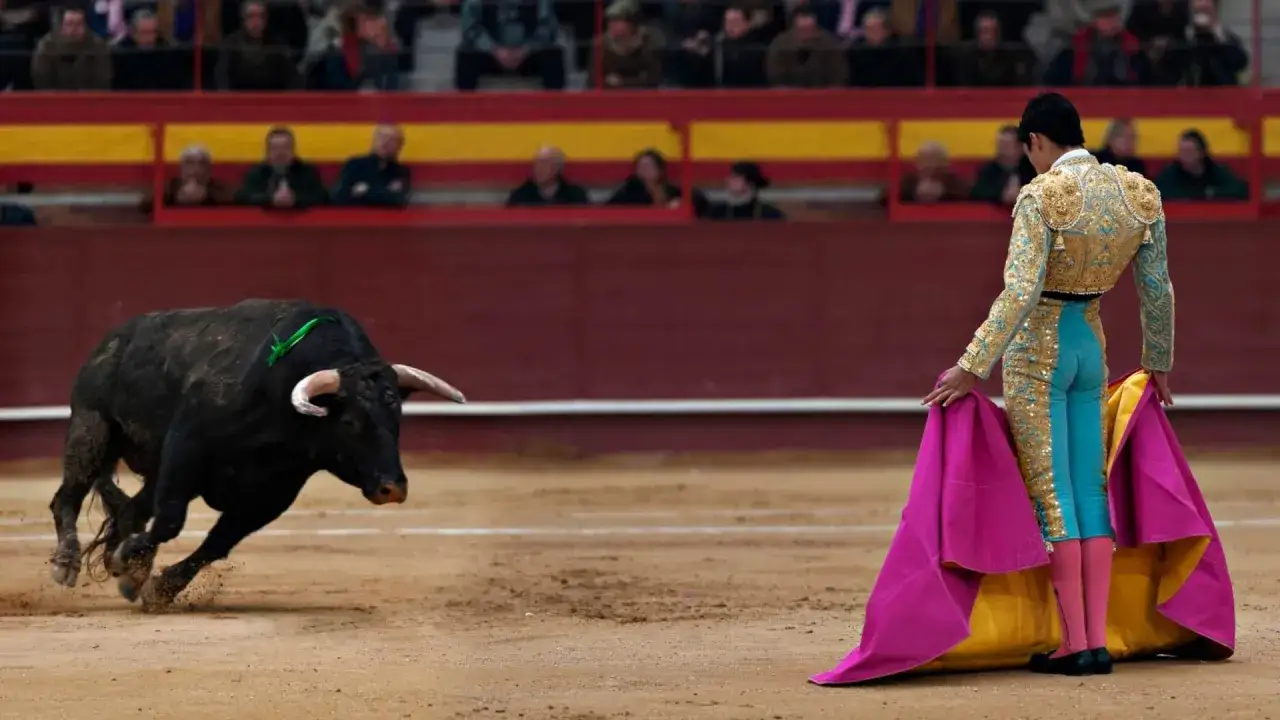 Un torero con traje de luces se prepara para la faena ante un toro bravo. La pregunta de cuanto cobra un torero por corrida es compleja.