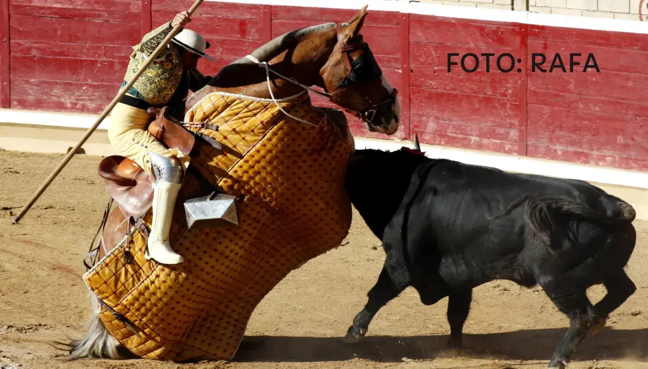 Un torero a caballo, con su vara, se enfrenta a un toro negro en la arena.