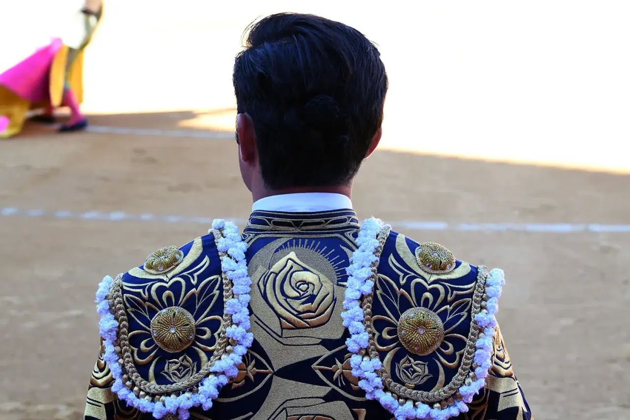 Detalle de la espalda de un torero con su traje de luces bordado, luciendo una coleta de torero.